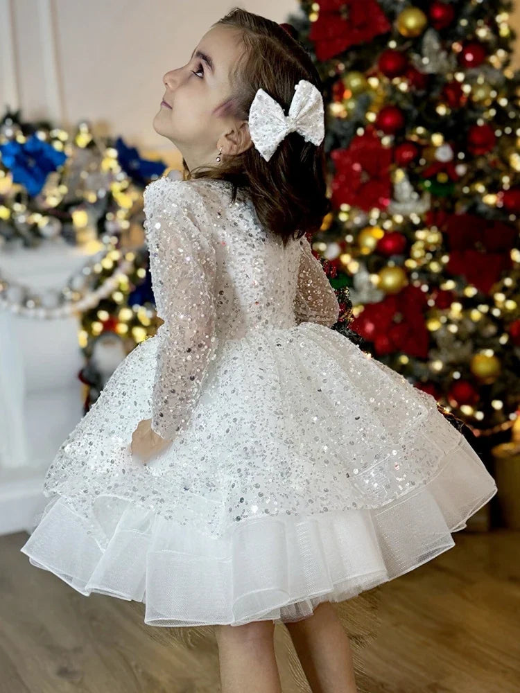Customized Flower Girl Dresses White Tulle Puffy Tiered Sequin Long Sleeve For Wedding Birthday Party Banquet Princess Gowns