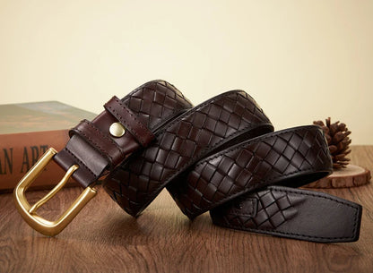 3.8cm Copper Buckle Designer Cowskin Real Genuine Leather Belts For Men Luxury Woven Cowboy Braided Male Strap for Jeans