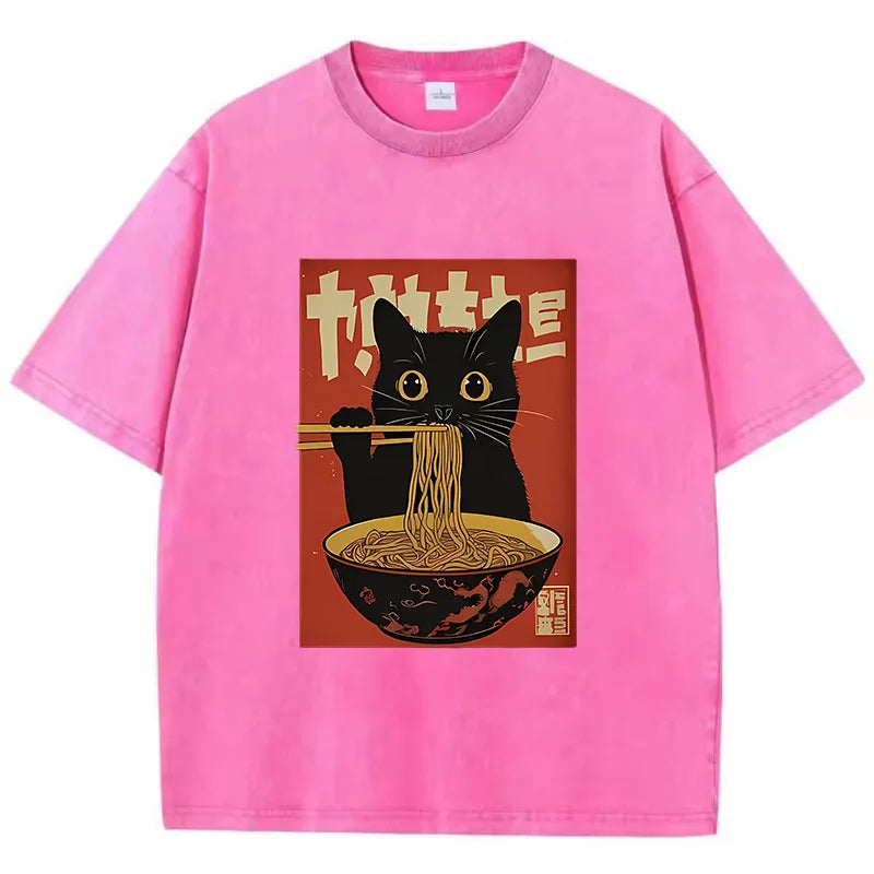 T Shirt Vintage Washed 100% Cotton T-Shirt Black Retro Cat Eating Ramen Graphic Tee Casual Streetwear for Spring Summer Fall