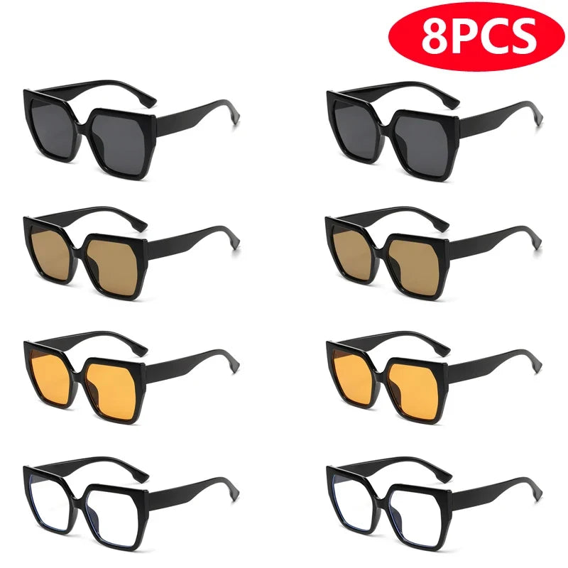 Cycling 8pcs Cateye Sunglasses Sets Women Luxury Minimalist Leopard Pattern Design Retro Polygonal Eyeglasses UV400 Unisex