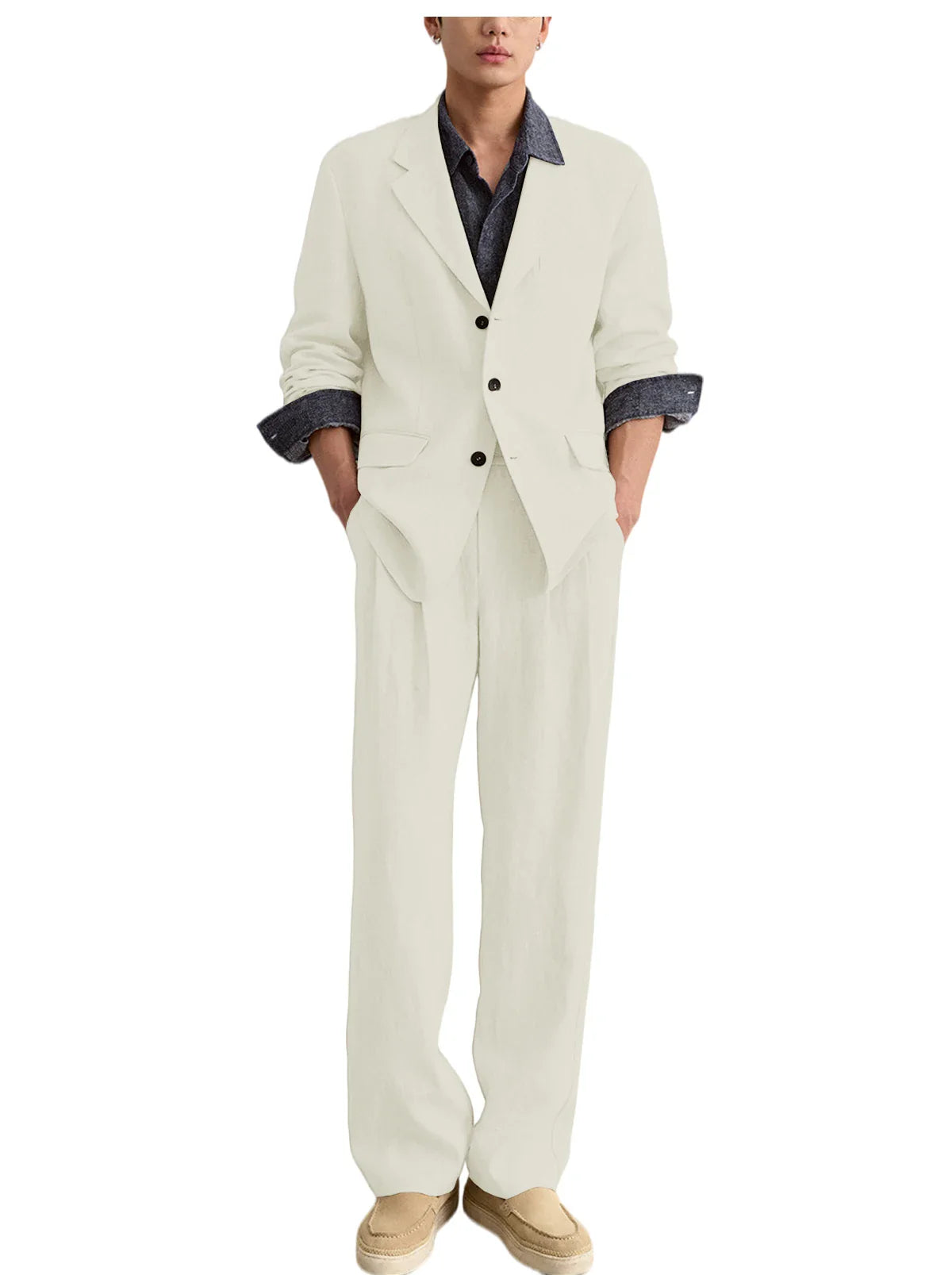Men's Linen 2 Piece Set Notched Lapel Loose Fit Blazer Wide Leg Trousers Lightweight Breathable Spring Business Casual DailyWear