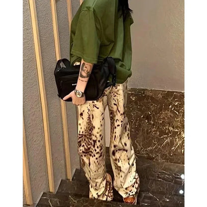Leopard Print Straight Wide Leg Jeans Women High Waisted Retro Jeans Streetwear Y2k Vintage Pants High Street Denim Trousers