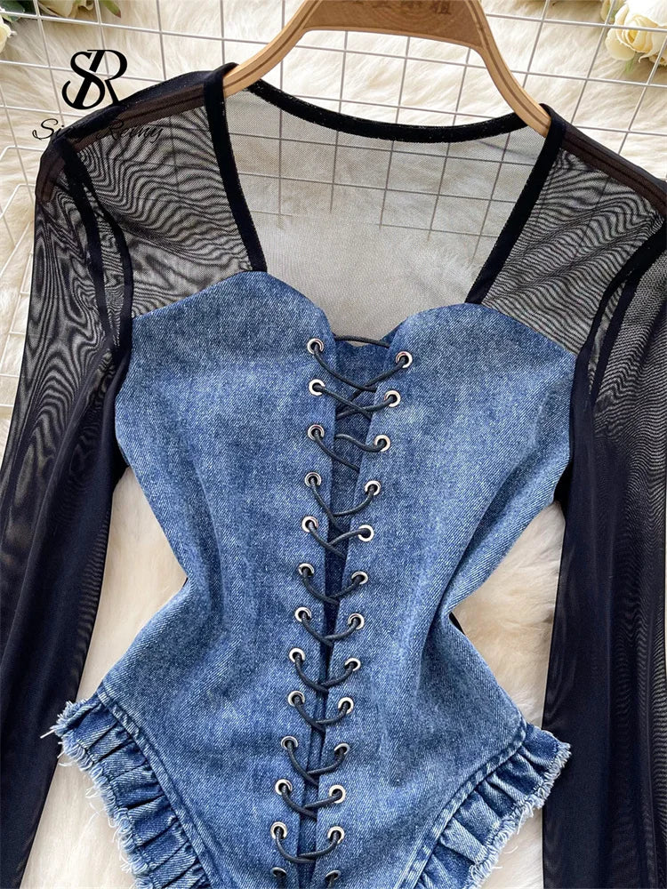 American Retro Patchwork Sexy Blouse 2024 Women Squre Neck Long Sleeves Sheer Top Streetwear Ins Lace Up Denim Shirt