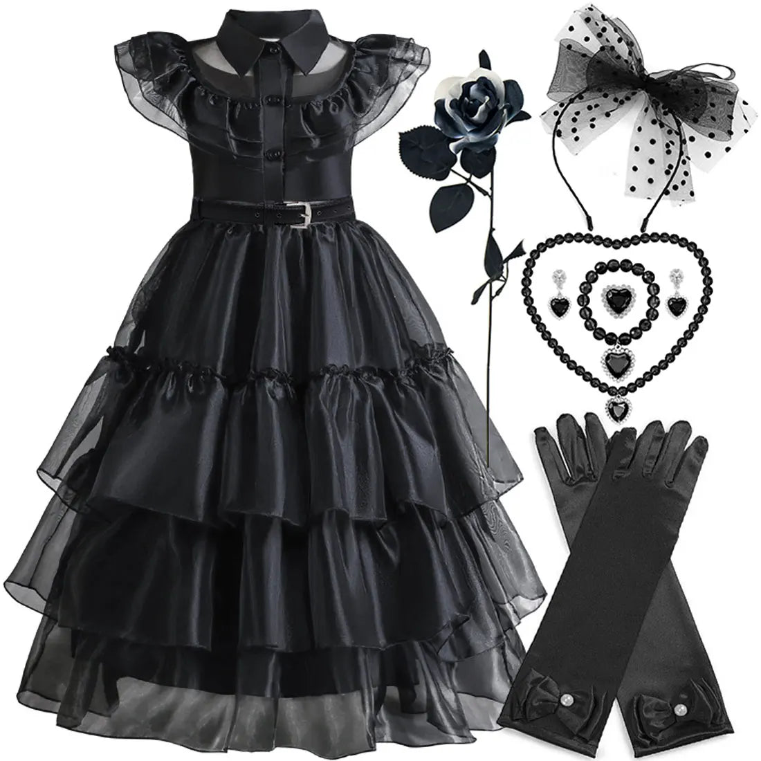 2026 Halloween Festival Popular Black Dress Girls Cosplay Short Sleeve Ruffles Clothing With Belt + Accessories Set Gift
