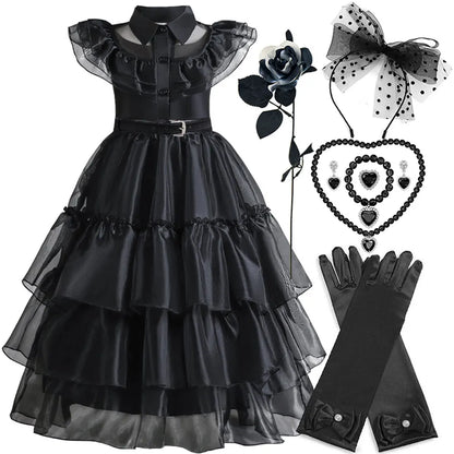 2026 Halloween Festival Popular Black Dress Girls Cosplay Short Sleeve Ruffles Clothing With Belt + Accessories Set Gift