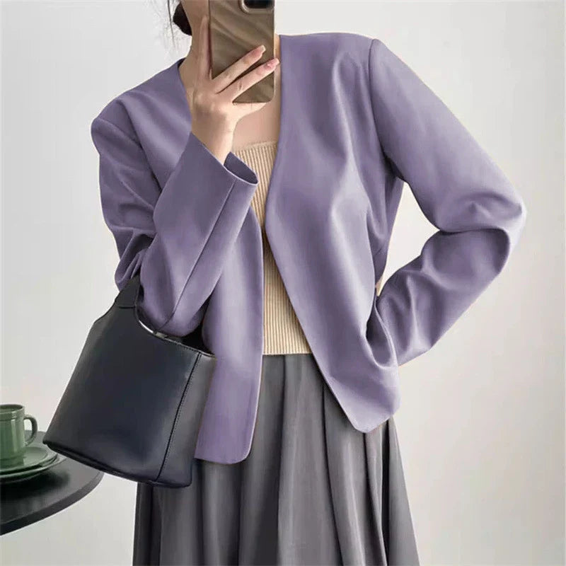 2025 Spring Autumn Fashion New Women's Suit Jackets Solid Short Coats Korean Blazers Long Sleeve Cardigan Coat Without Placket