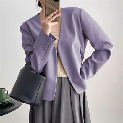 2025 Spring Autumn Fashion New Women's Suit Jackets Solid Short Coats Korean Blazers Long Sleeve Cardigan Coat Without Placket
