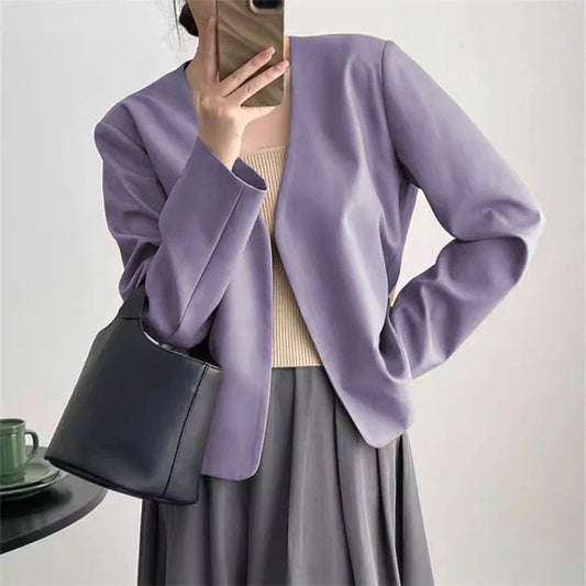 2025 Spring Autumn Fashion New Women's Suit Jackets Solid Short Coats Korean Blazers Long Sleeve Cardigan Coat Without Placket