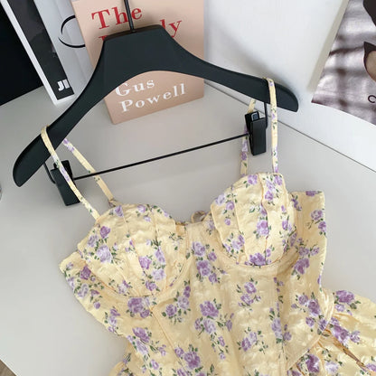 French Corset Print Beach Tank Top Female Strap Irregular Slim Hotsweet Camis Streetwear Vacation Bohe Sexy MIni Top
