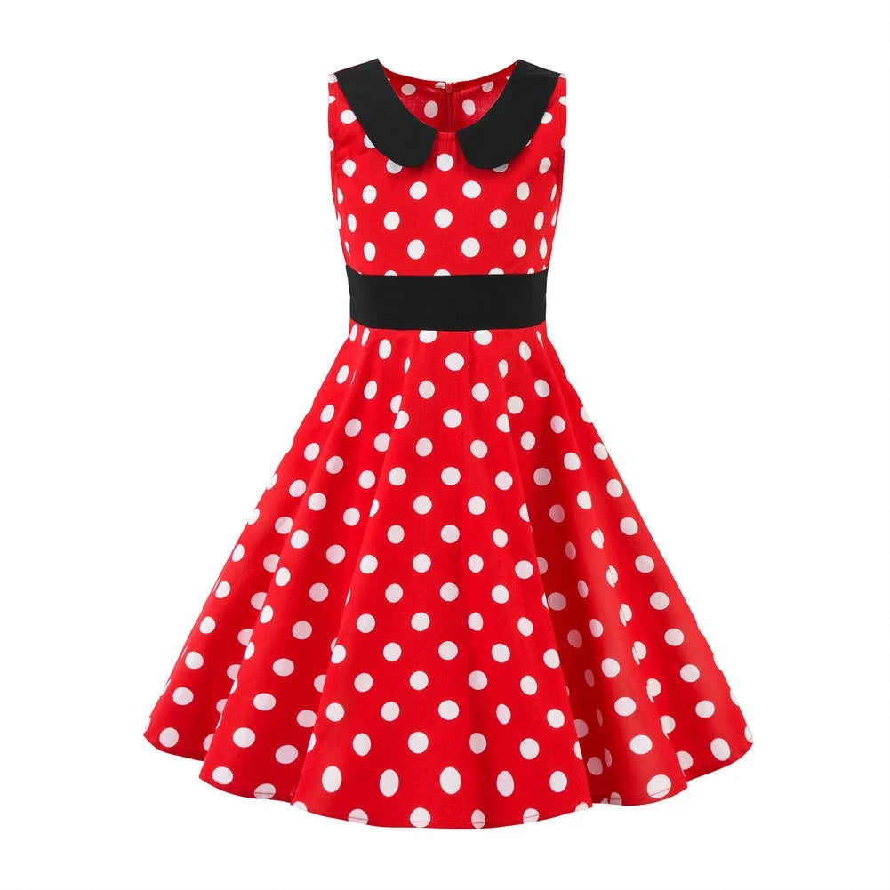 LPATTERN Girls' Vintage Rockabilly Dress Party Retro Polka Dot Floral Pattern A-line Dresses Pleated Skirt Knee-Length for 4-10Y