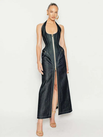 2025 New Women Celebrity Sexy Backless Halter Blue Zipper Denim Maxi Long Gowns Dress Elegant Evening Party Club Vestido