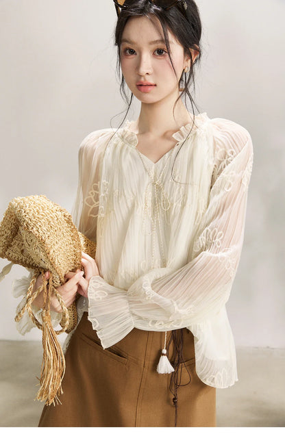 Women's Tassel Tie Flower Embroidered Blouse 2026 Spring V-Neck Lantern Sleeves Top Casual Loose Sheer Blouses MXF13X2525