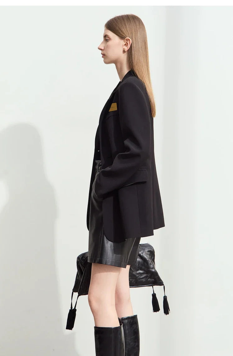 Minimalism Women's Blazers 2025 Autumn New Lapel Collar Shoulder Pad Fashion Slit Mid-length Basic Female Jackets 12443096