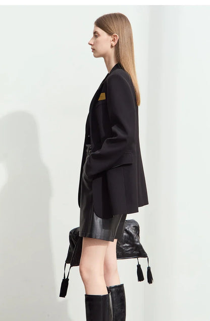 Minimalism Women's Blazers 2025 Autumn New Lapel Collar Shoulder Pad Fashion Slit Mid-length Basic Female Jackets 12443096