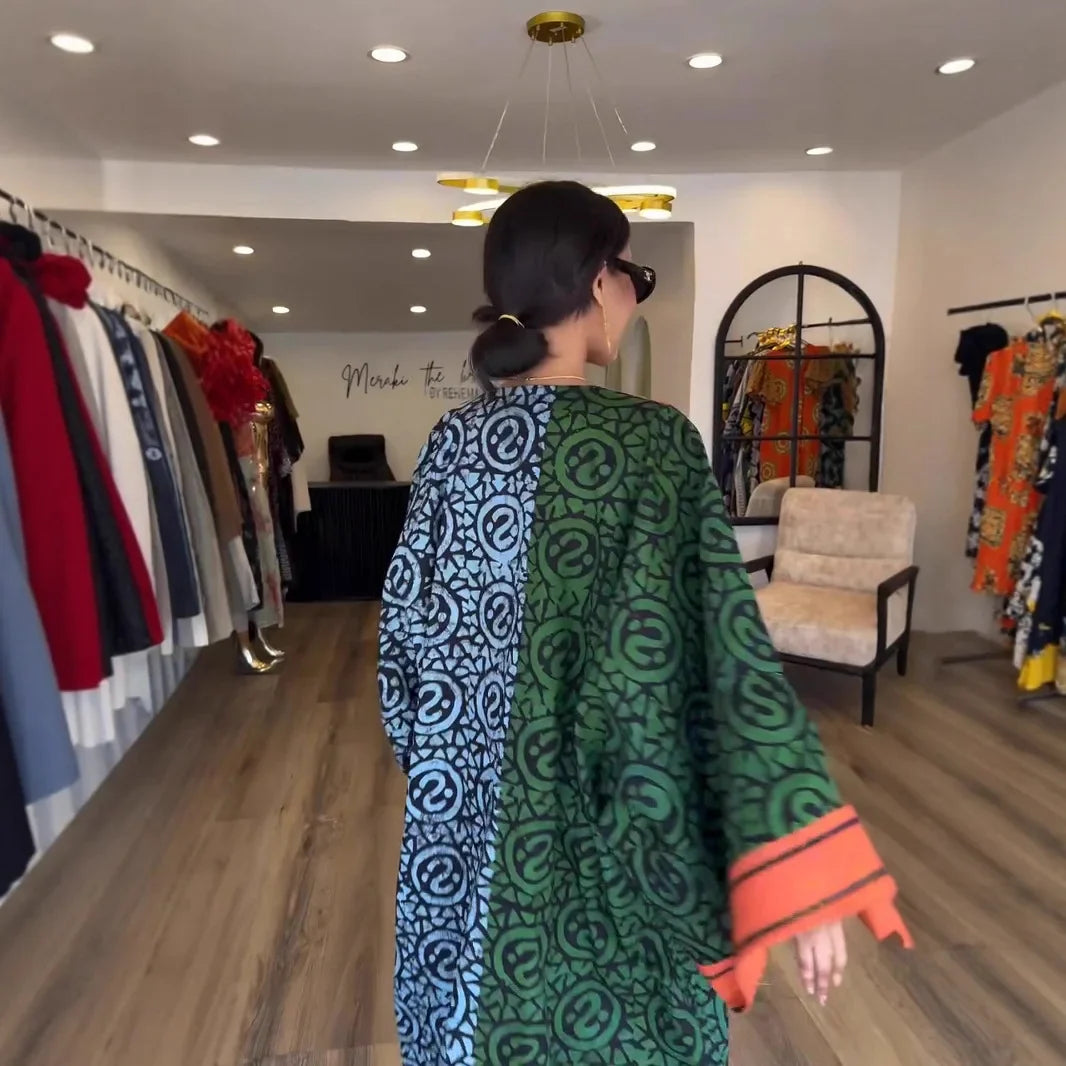 Elelgant V-Neck Simple Loose Dress Women 2025 Spring Summer Holiday Printing Patchwork Maxi Dress Casual