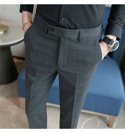 2026 Classic Men's Slim Fit Plaid Striped Casual Pants Fashion Business Slim Fit Suit Pants Formal Groom Wedding Dress Trousers