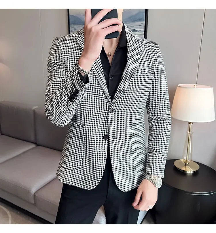 2025 Spring Men's Plaid Suit Jacket Korean Luxury Business Slim Fit Social Suit Jacket Formal Social Party Wedding Prom Tuxedo