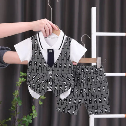 Children Boys Cotton Clothes Outfits Gentleman Tie Patchwork Vest T-Shirt 2pcs/Set Toddler Kids Clothing Sets Suit 0-5 Years