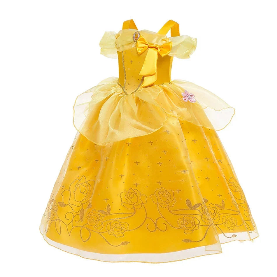 Beauty Belle Princess Cosplay Dress Girl Yellow Floral Off Shoulder Mesh Kid LED Light Halloween Costume Birthday Surprise Gift