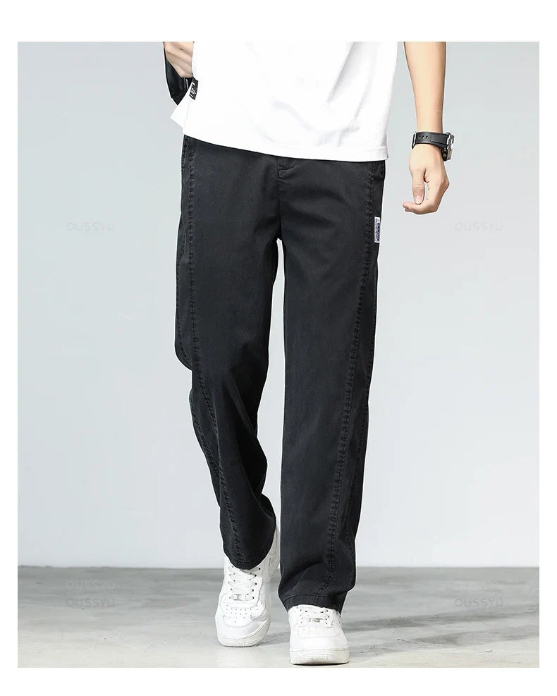 Summer Ultrathin High Quality Soft Lyocell Fabric Men's Jeans Loose Straight Denim Pants Design Casual Trousers Plus Size M-5XL