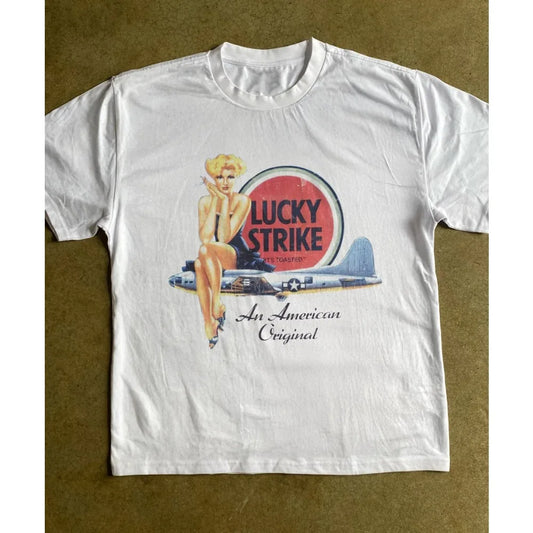 Lucky Strike Pin-Up T-Shirt for Men Vintage Graphic Tee Retro American Pin-Up Girl Print Short Sleeve Casual Summer Top