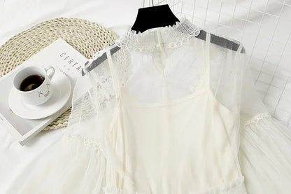 Lace Flower Mesh Summer Dress Women Lantern Sleeve White Casual Dresses Female Party Vintage Slim Women Dress 2 Piece Sets 12041