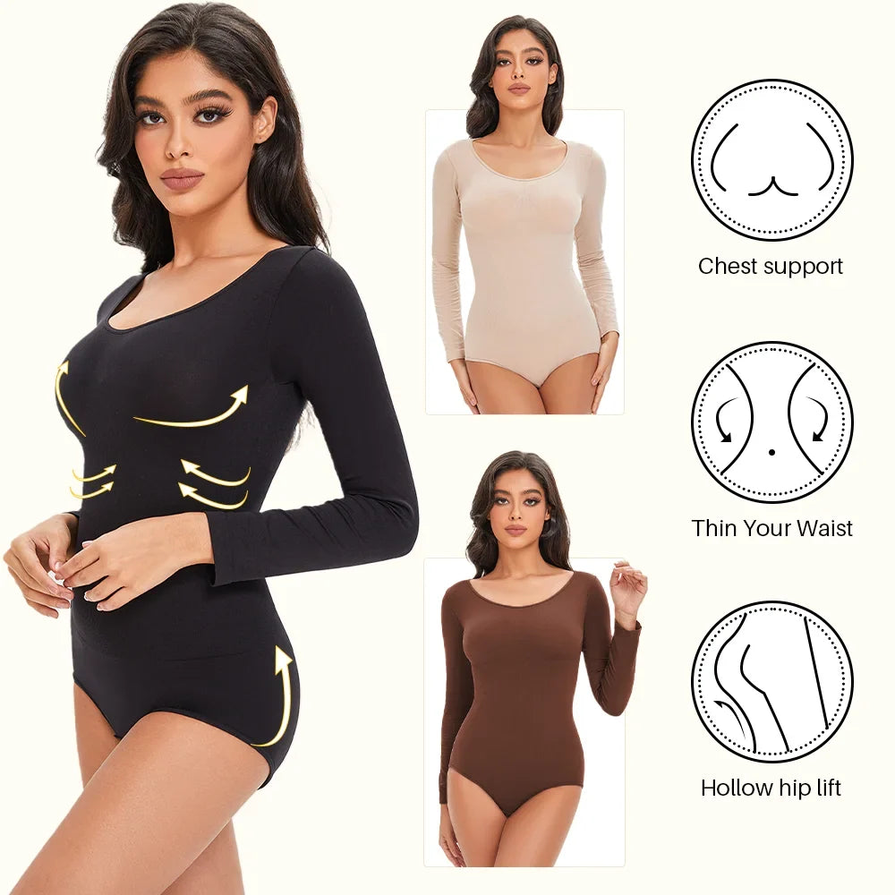 Spandex Elastic Body Suit Shapewear Women Body Shaper Tummy Control Long Sleeve Open Crotch Round Neck Seamless Shapers