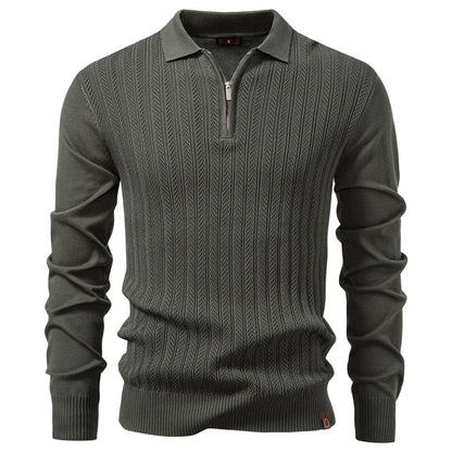 Zip Placket Polo Shirt Men Premium Solid Color Slim Fit Long Sleeve Textured Fabric Business Casual Autumn Winter