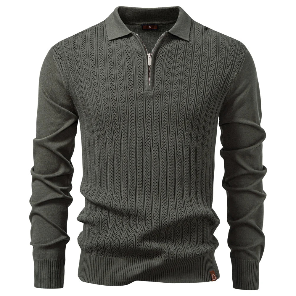 Premium Solid Color Polo Men Slim Fit Zip Long Sleeve Luxury Textured Fabric Business Casual Mens Sweatshirt