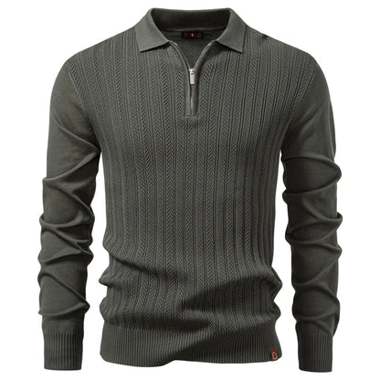 Premium Solid Color Polo Men Slim Fit Zip Long Sleeve Luxury Textured Fabric Business Casual Mens Sweatshirt