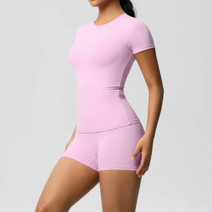 2PC Quick-Drying Gym Leggings Set Summer Short Sleeve Breathable Stretchy GYM Yoga Slim Fitness Active Top Women's cycling short