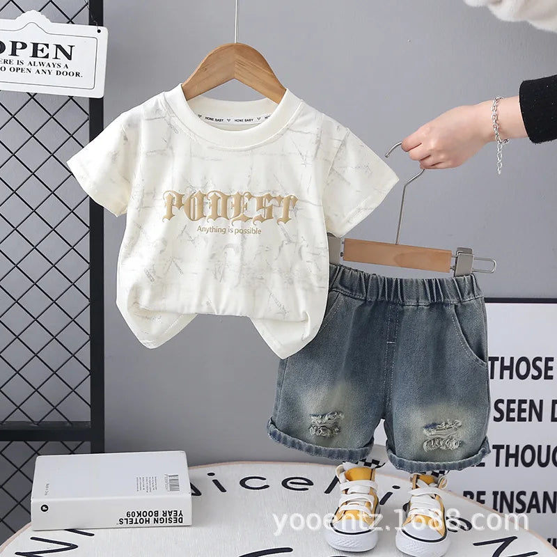 New Summer Baby Boys Clothes Suit Children Fashion  Letter Pocket T-shirt Denim Shorts 2Pcs/Set Toddler Clothing Kids Tracksuits