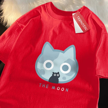 The Moon Blue Cat Fun Japanese Style Men Women T-Shirts Cotton Oversized Short Sleeve Shirt Loose T-Shirt Breathable Casual Tops