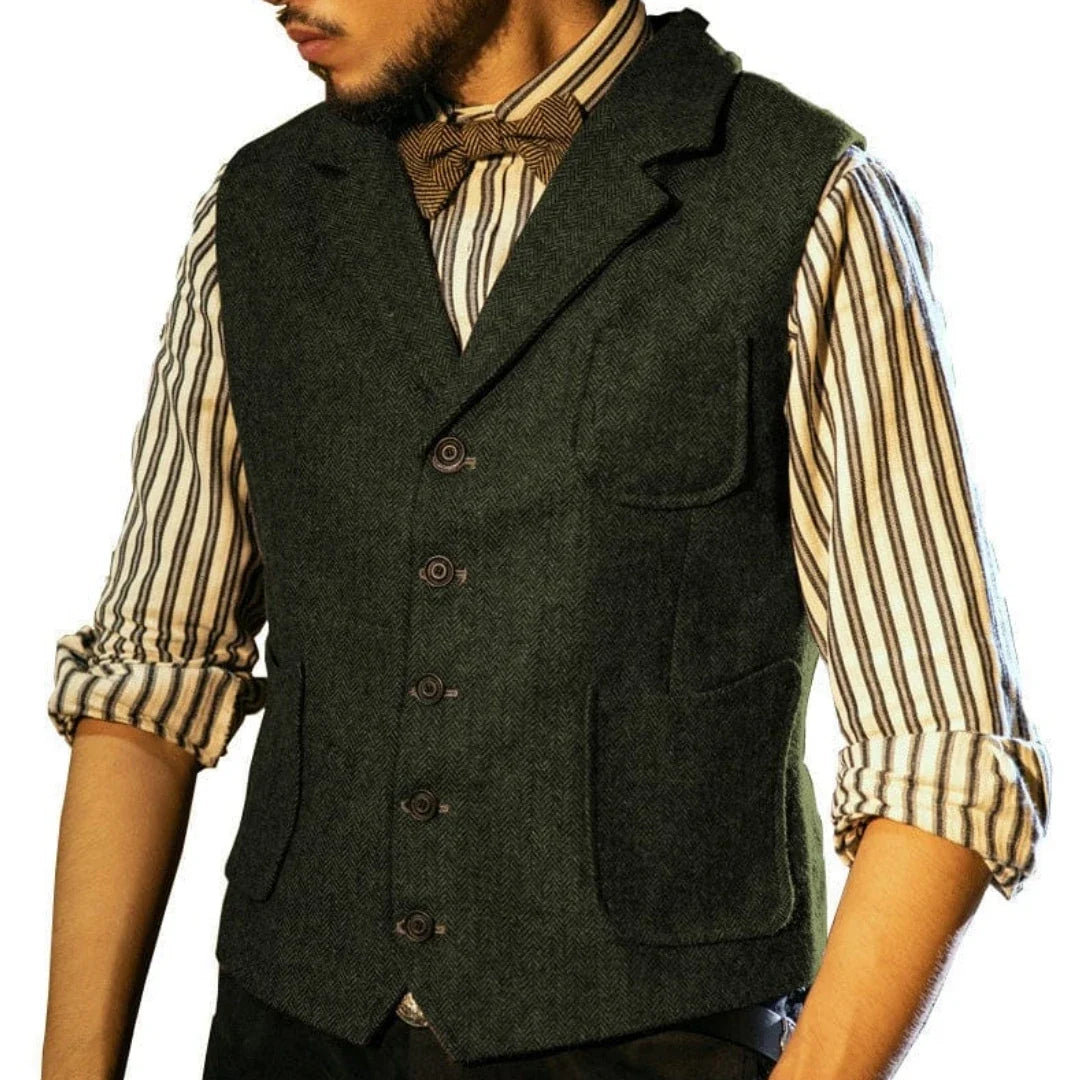 Men Vest Blue Herringbone Single Button With Lapel Pocket Waistcoat For Banquet Business Office Work Casual Daily Men Suit Vest