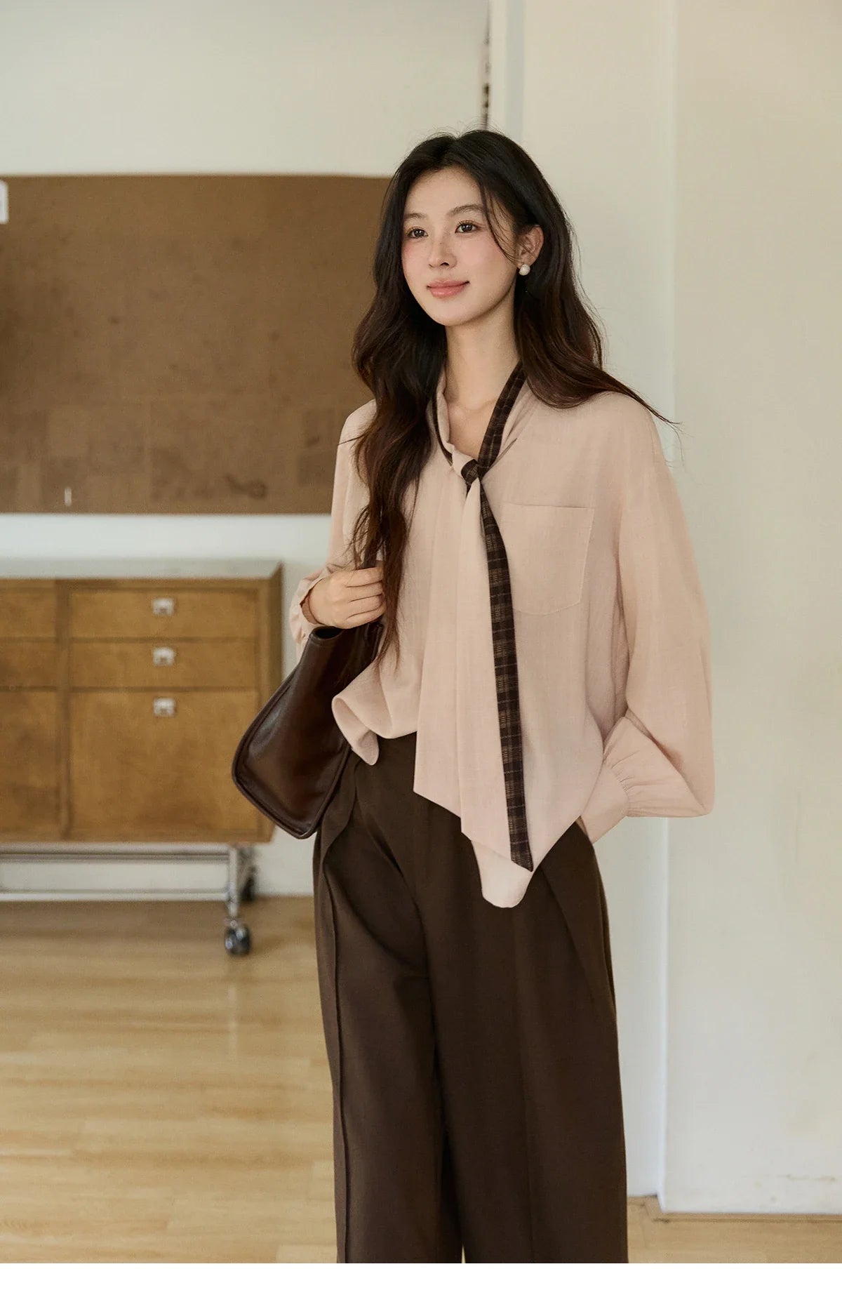 Women's Dusty Pink Shirts Spring Plaid Tie Neck Loose Casual Shirt 100 Lyocell Lantern Sleeve Top Office Lady MXF108C0817