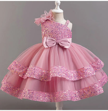 Fashion Birthday Dress Lace Mesh Bow Kids Girls Sequin Dress Summer Children Clothing Princess Ball Gown Pageant 1-6 Years