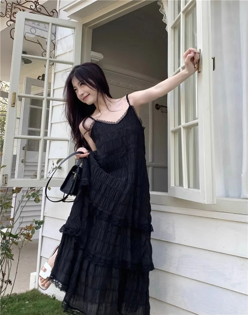 Summer Befree Long Vintage Casual Ruffles Elegant Maxi Strap Camis Silky Beach Lace Elegant Party Dress Vestidos Sexy Women