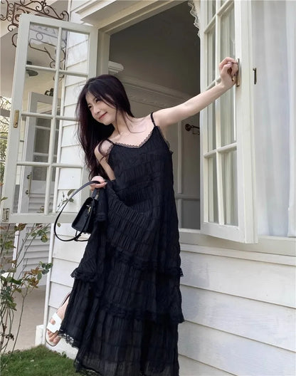 Summer Befree Long Vintage Casual Ruffles Elegant Maxi Strap Camis Silky Beach Lace Elegant Party Dress Vestidos Sexy Women