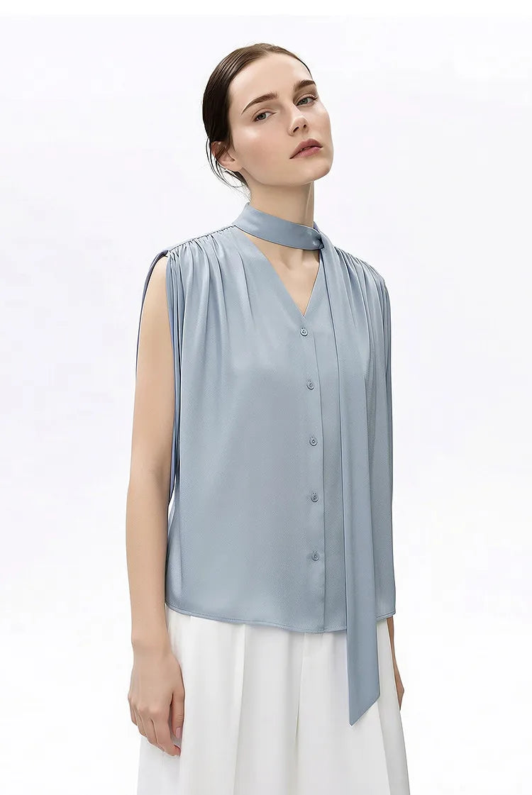 Sleeveless Women's Blouse 2026 Summer New Tie Neck Chiffon Top Flowy Loose Elegant Chic Office Shirt For Women 12642121