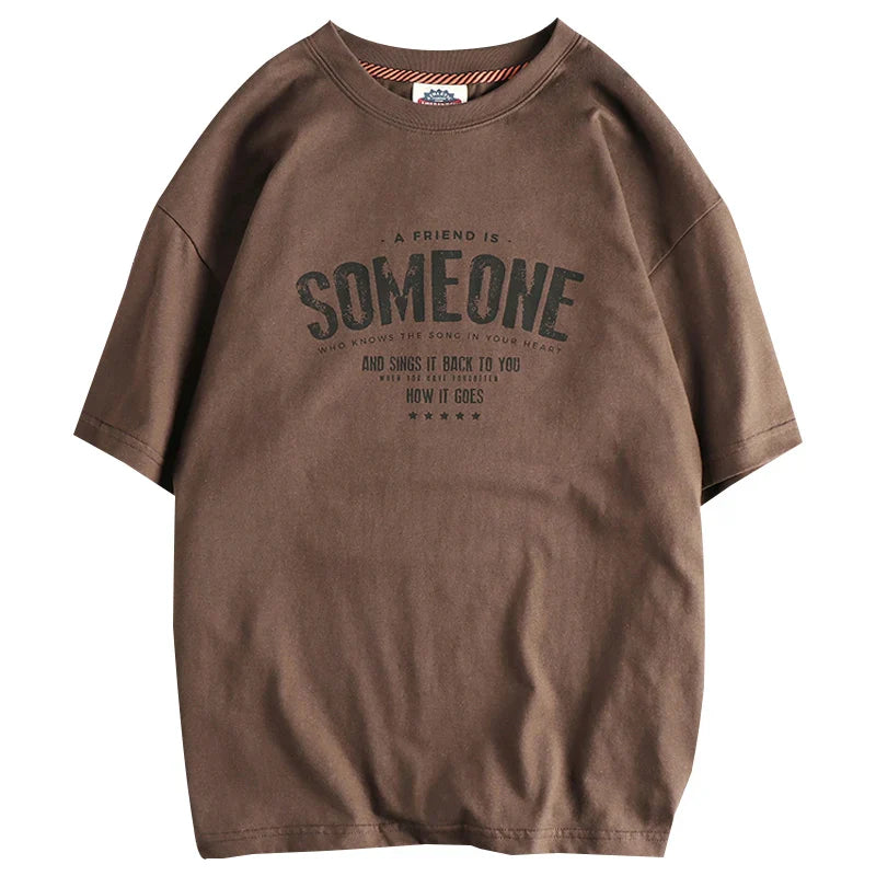 5110# Summer New American Retro Short Sleeve O-neck Letter Printed T-shirt Men's Simple 100% Cotton Old Washed Loose Casual Tops