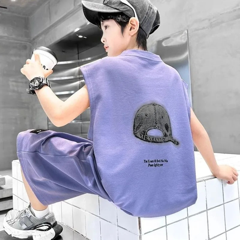 Boys' 2025 Summer New Arrival Sleeveless Two-Piece Vest & Sports Set for Big & Tall Kids