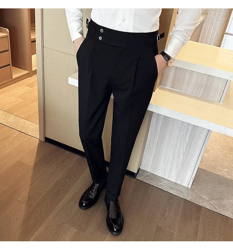 Autumn Winter High Waist Business Dress Pants Men Casual Belt Design Slim Suit Pants Formal Wedding Social Party Male Trousers