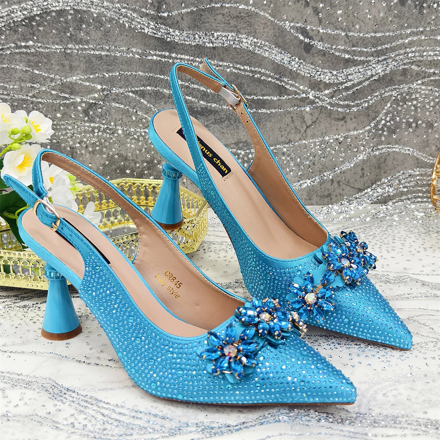 Olive-Green Pointed-Toe Women's High Heels Shoes and Bags for Party Rhinestone Evening Elegant Luxury Handbag