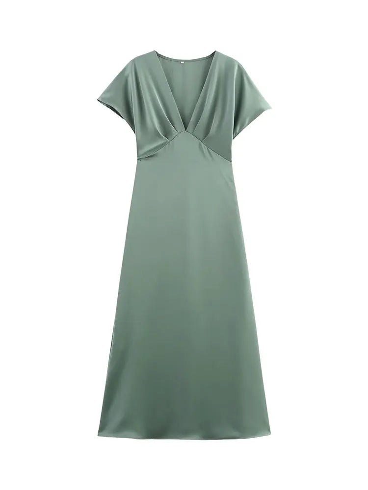 Women Elegant Solid Satin Dress Sexy V Neck Short Sleeve Midi Dress 2025 New Fashion Summer Lady Holidays Party Dress