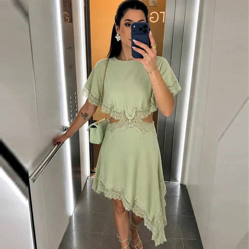 Cut Out Black Dress Woman Asymmetrical Lace Midi Dress Cape Sleeve Elegant Party Dresses Women Sexy Luxury Cocktail Dress