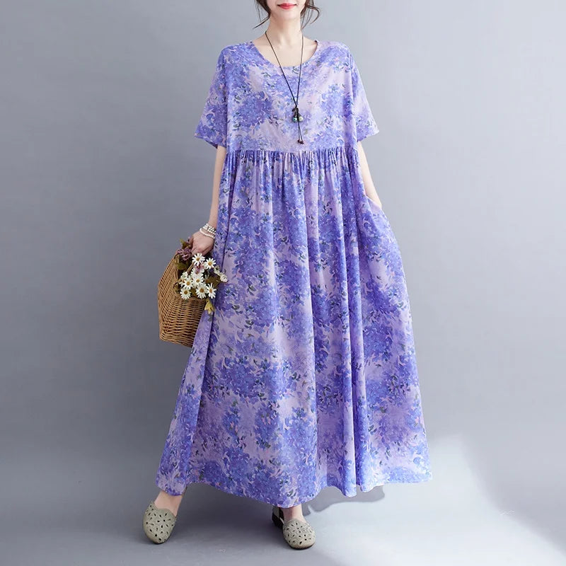 Robe Plus Size 100KG Summer Dress Women Floral Loose Vestidos Para Mujer Casual Maxi Print Cotton Linen Oversized BOHO