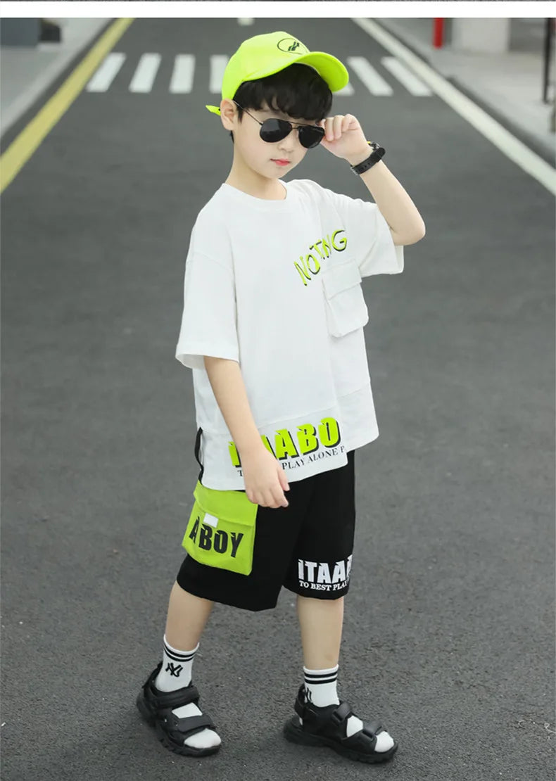 Kpop Boys Clothes Sets 2026 Summer Teen Kids Fashion Letter Print Short Sleeve T-shirt+Shorts 2Pcs Children Tracksuit Outfits