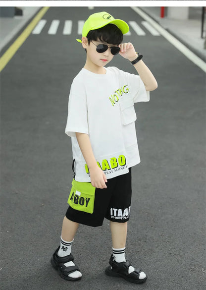 Kpop Boys Clothes Sets 2026 Summer Teen Kids Fashion Letter Print Short Sleeve T-shirt+Shorts 2Pcs Children Tracksuit Outfits