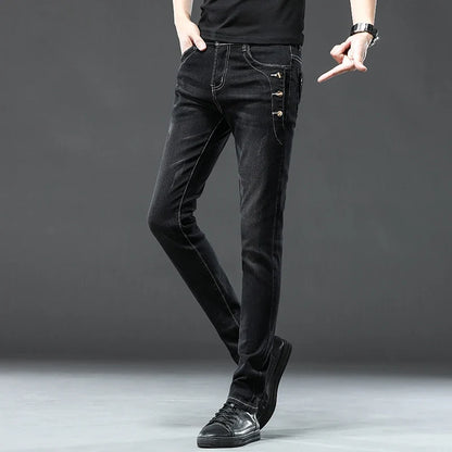 New Men Slim Korean Button Jeans Black Skinny Solid Color Stretch Multi-button Youth Male Denim Pants Streetwear