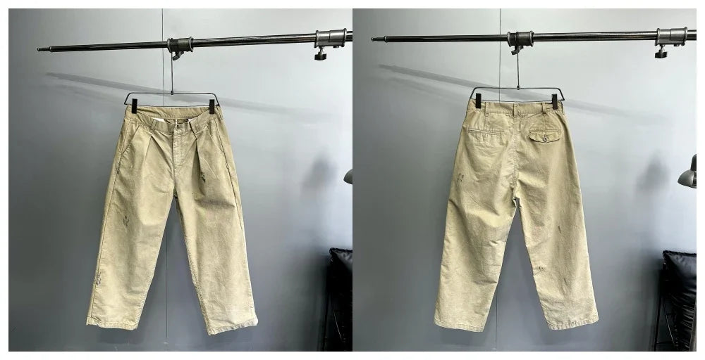 ‌Japanese Premium Vintage Distressed Paint Splash Cargo Pants Men Streetwear Loose Casual Straight Leg Haram Trousers Trendy